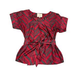 MADISON MARCUS pink fushia gray Silk Belted Blouse Large bold dressy career work